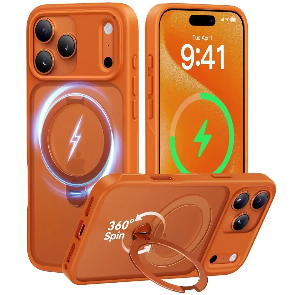 Orange for 17 Pro Case with 360 Spin Magnetic Stand Camera Protection